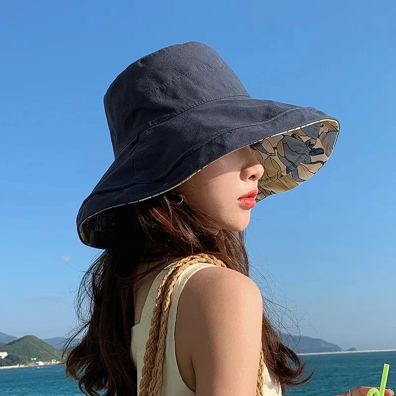 Women's Summer Double-Sided Print UV Protection Sun Hat Face Covering Fishing Cap Breathable Baseball Cap Fashionable Accessory