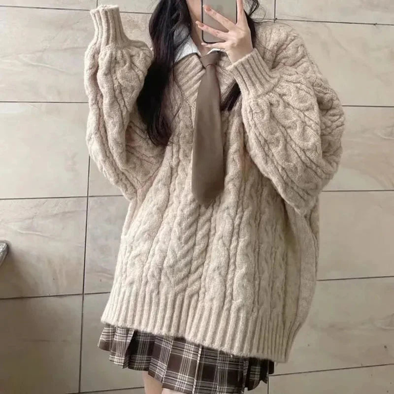 Haust vetrar konur peysa harajuku stór prjónað pullovers kóreska langerma v háls prjóna preppy solid laus stökkvari