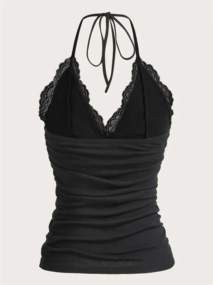 Lace v-aukko riiman naisilla kesällä seksikäs grunge punk goth backless Ruched sato Cami Top Streetwear y2k vaatteet 2024