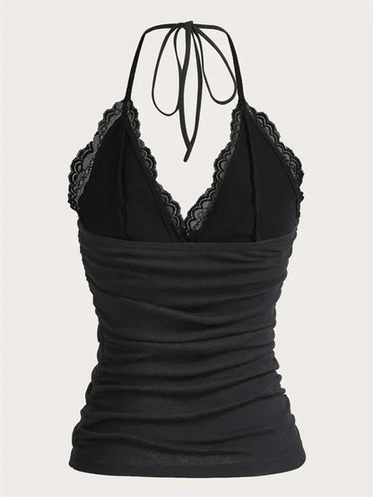 Lace v-aukko riiman naisilla kesällä seksikäs grunge punk goth backless Ruched sato Cami Top Streetwear y2k vaatteet 2024