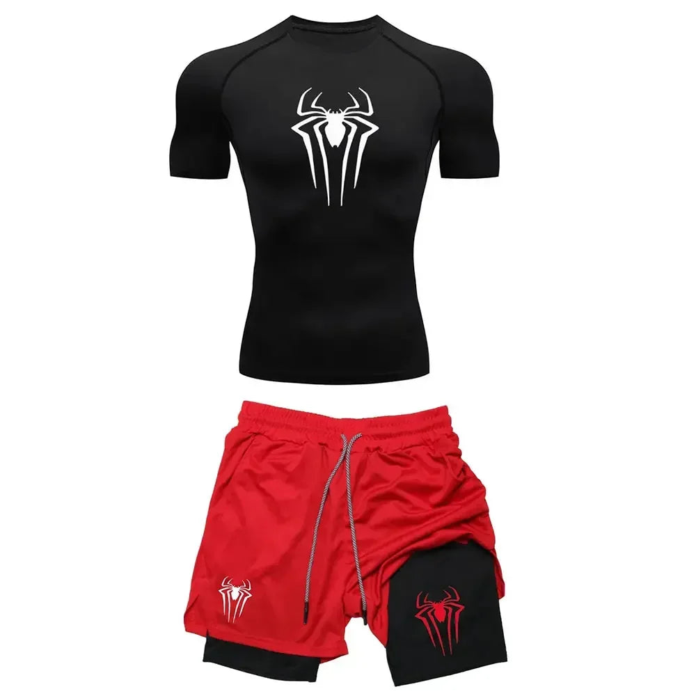 Herrträningskomprimering set y2k spindel tryckt gym tshirts andningsbara löpning shorts snabb torr sport utslag skydd sportkläder set