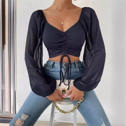 2024 Spring Summer New Sexy V-neck Chiffon Drawstring Lantern Sleeve Tight Fashion Sexy Short Style Waist Long Sleeve Shirt Top