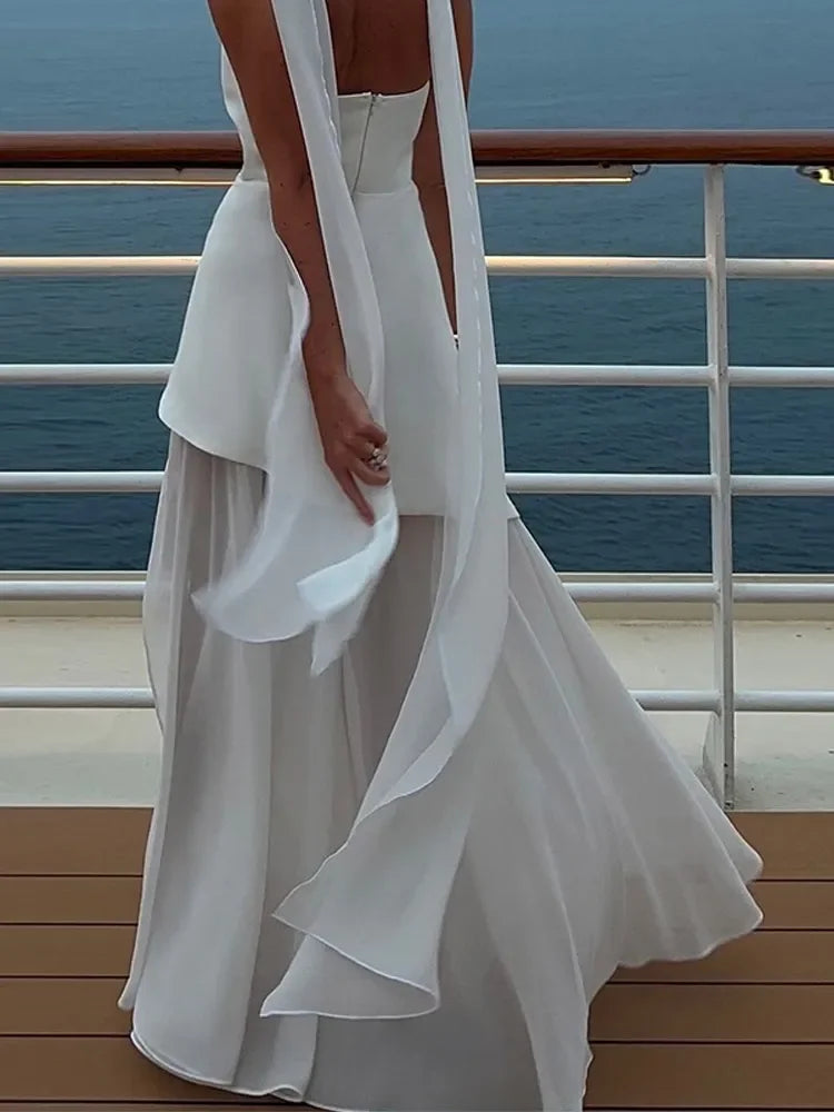 Maglie di nastro senza spalline alla moda Maxi abito Maxi abito Elegante senza maniche per vacanze senza schiena 2025 Nuove donne Abiti da spiaggia