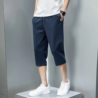 Summer Zip Pockets Sweat Shorts Men Sportswear 3/4 Capris Pants Breathable Cotton Straight Breeches Short Pants Big Size 8XL