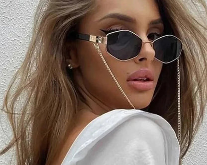 Sexy Small Frame Hexagon Sunglasses Women With Chain 2025 Luxury Brand Designer Punk Sun Glasses For Ladies Shades Gafas De Sol