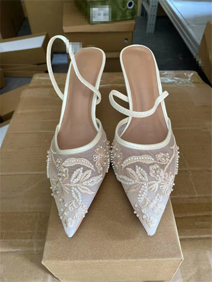 Damen Mesh Floral bestickter Slingback High Heels weibliche offene Ferse Perlen besetzt spitze Zehensandalen sexy Stiletto Lady Mules