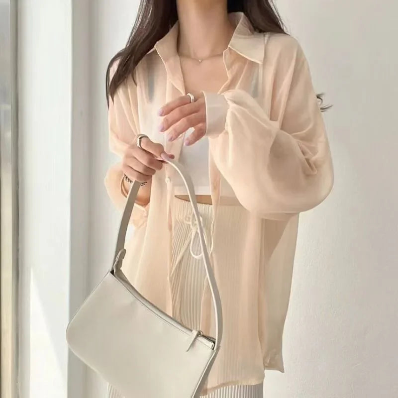 Women Shirt Long Sleeve Top Blouse Female Chiffon Loose Summer Cardigan Thin Sexy Solid Color Casual Shirt Outerwear Прозрачная