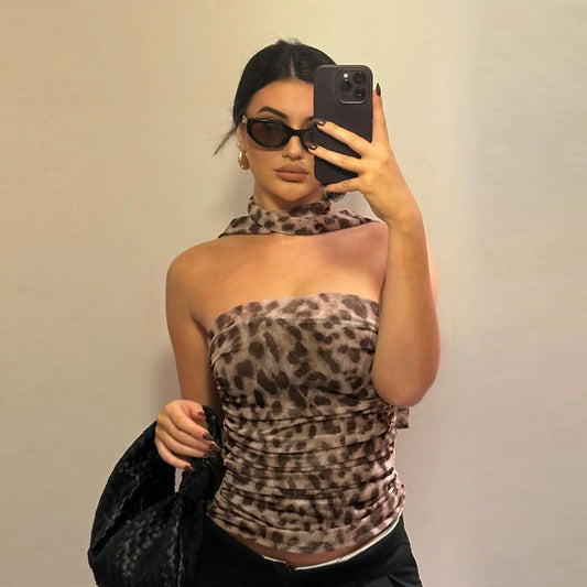 Femei Tulle Leopard Print Top cu Bandeau Off-the-Shoulder, decolteu drept, decolteu de vară, casual pentru bluză de vară