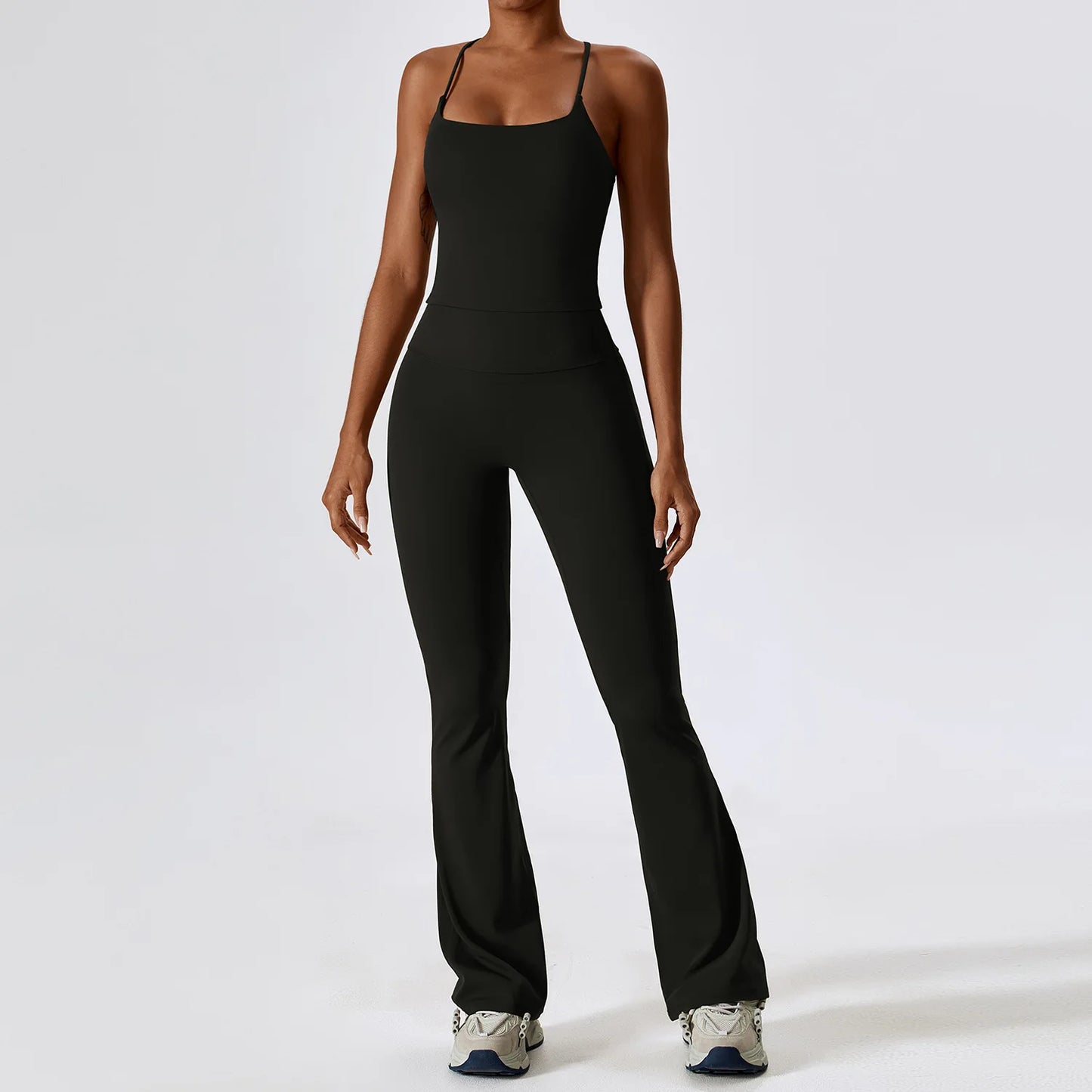 Women Tracksuit Gym Yoga Suit 2PCS Tight Fitting Sports Set Workout Breathable T Shirts Bra Tank Top Loose Bell-bottoms Leggings