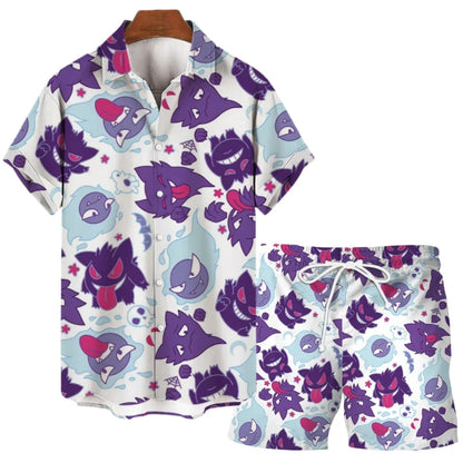 Pokemon Pikachu Gengar Snorlax Shirts floraux Men Femmes Short Short Sleeves Bouton Couple de pyjamas Set Trendy Beach Coat Anime