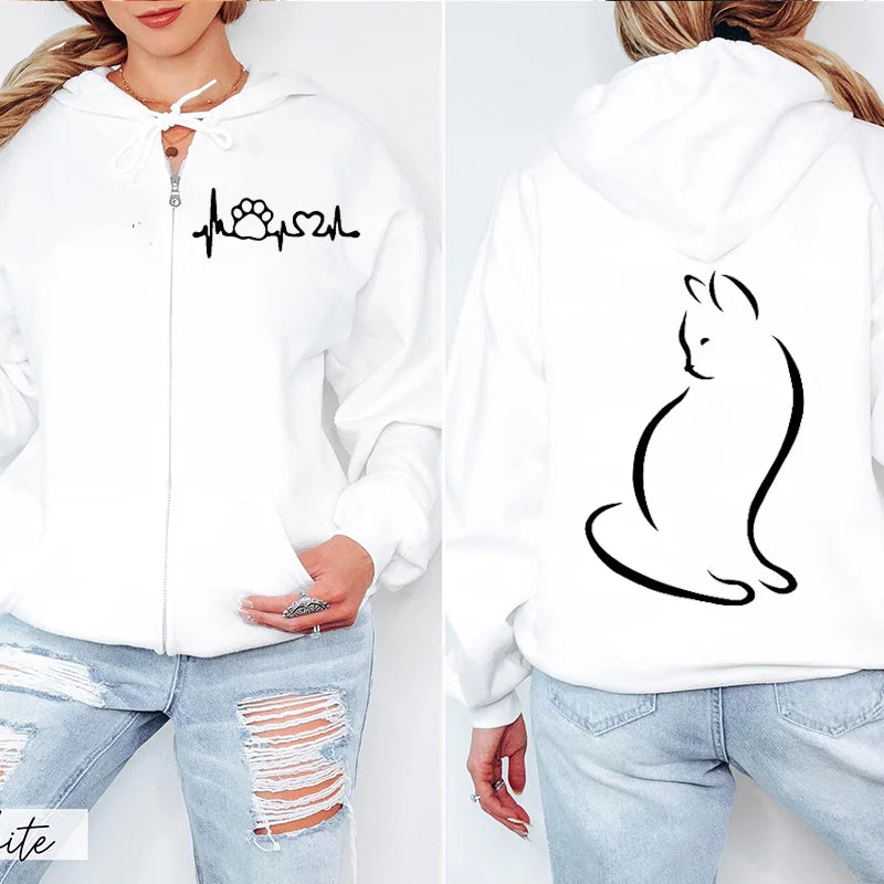 Women Zipper Hoodie Clothes Autumn Winter New Cute Cat Heatbeat Sweatshirt Hip Hop Streetwear Women Zip Up Jacket Coat Clothing