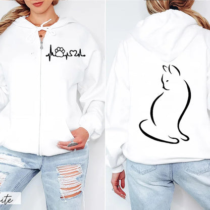 Women Zipper Hoodie Clothes Autumn Winter New Cute Cat Heatbeat Sweatshirt Hip Hop Streetwear Women Zip Up Jacket Coat Clothing