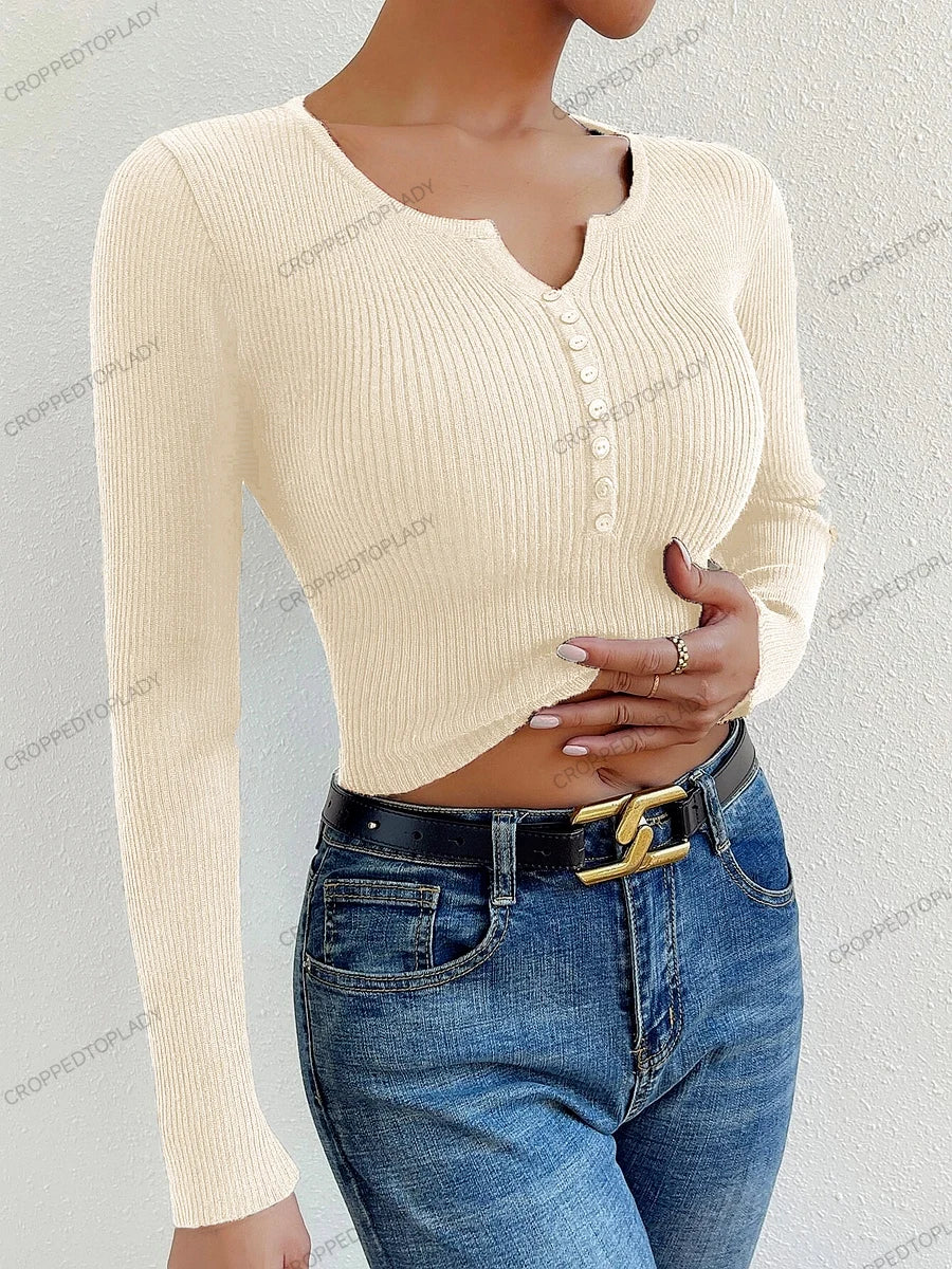 Nuove donne Falf abbottonate a costine Maglietta a maniche lunghe a manica lunghe V Magione a v Rilievo femme slim y2k cupolo pullover maglia