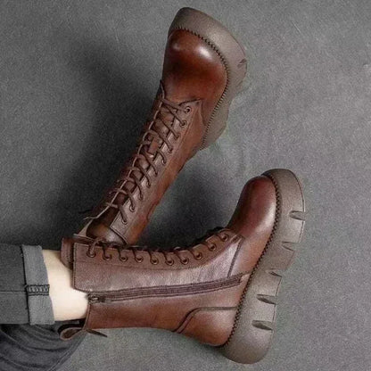 Winter Leather Women Boots 2025 Short Plush Mid-heel Snow Boots Lace Up Warm Lady Platform Biker Ankle Boots for Women Shoes