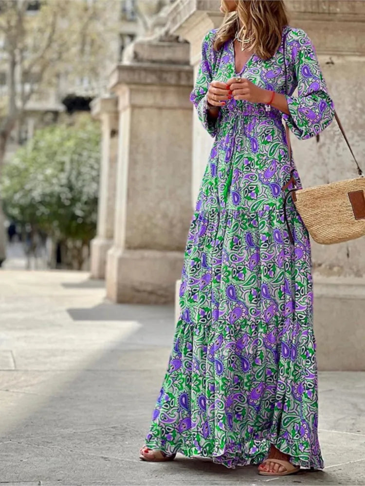 Frauen Herbst neue modische gedruckte sexy V-Ausschnitt Langhülse hohe Taille elastische Taille mittlere Länge Bohemian Kleid