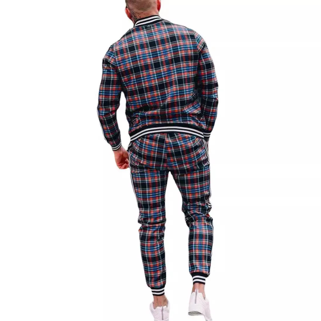 2025 Herbst Herum Männer Tracksuit 2pc Set Plaid Zipper Sweatshirt Jacke Langes Hosen Freigelegte Fitnessstudio Running Jogging Outfit Fleece Sportswear