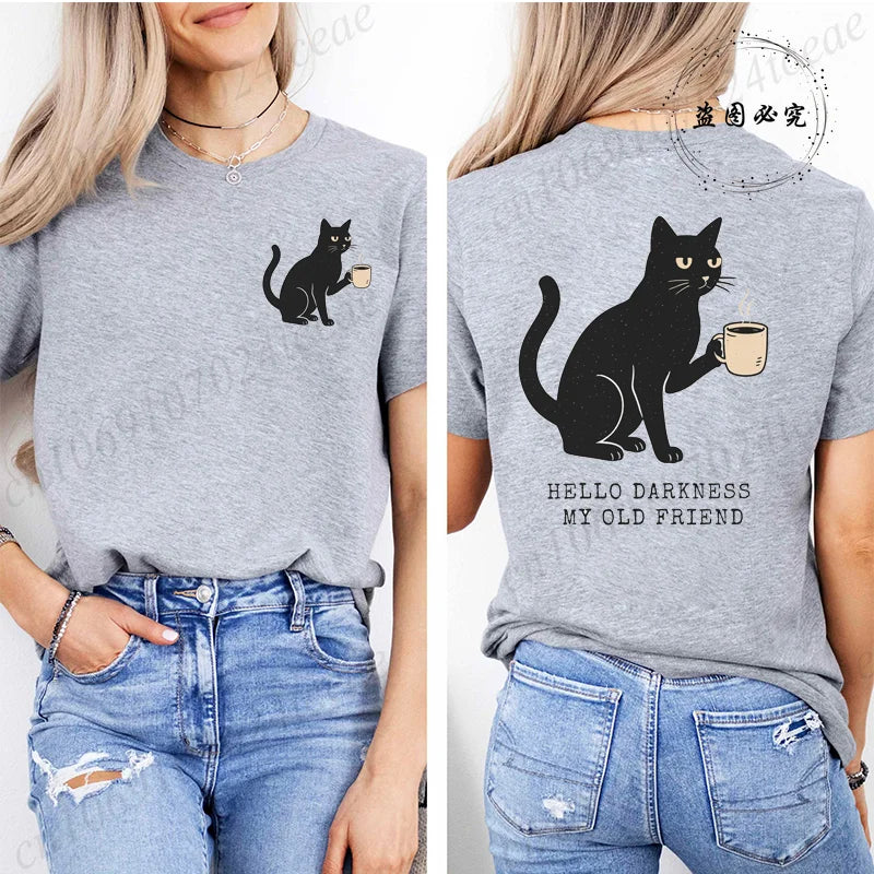 Labava grafička hellom tamnes smiješna majica crni mačji print majica kratki rukavi vrat casual vrh za ljetnu halloween žensku odjeću