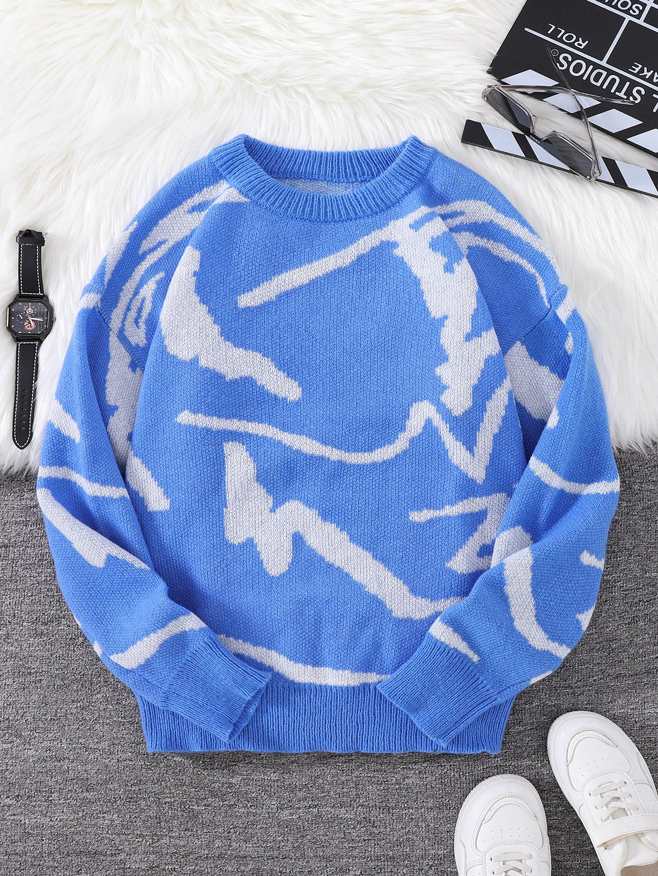 New Popular Spring Autumn Graffiti Jacquard Pattern Pullover Sweater Casual Round Neck Contrast Color Knitted Men's Pullover