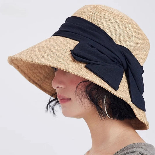 USPOP Elegant Wide Brim Cotton Linen Bucket Hat for Women Summer Sun Hat with Bow Foldable UV Protection Beach Hat