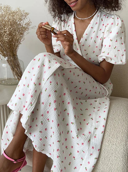 Casual Women's Summer Dresses 100% Cotton Floral Print A-line Midi Dress with Side Slits Long Elegant White Dress for Women 2025