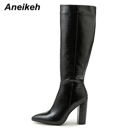 Aneikeh talons pointus épais bottines longues longues en cuir de printemps / automne d'automne en cuir brevet de crocodile