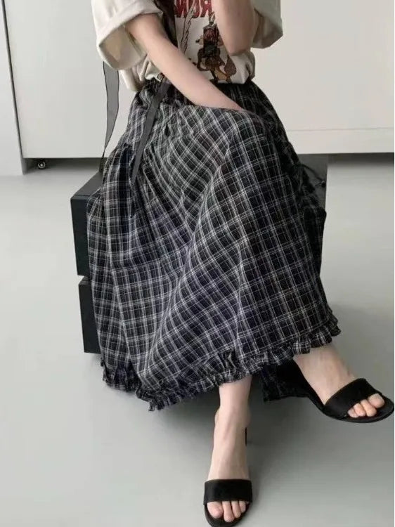 Retro Bla Plaid High Waist A-Line Midi Skirt Women's Summer New Sle Full Skirt Hem Lace Trim Umbrella Skirt