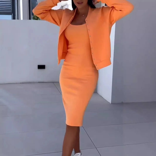 Fashion Solid Suit For Women Elegant One Piece Collar Suspender Dress Single Breasted Long Sleeve Coat 2 Piece Set Autumn New