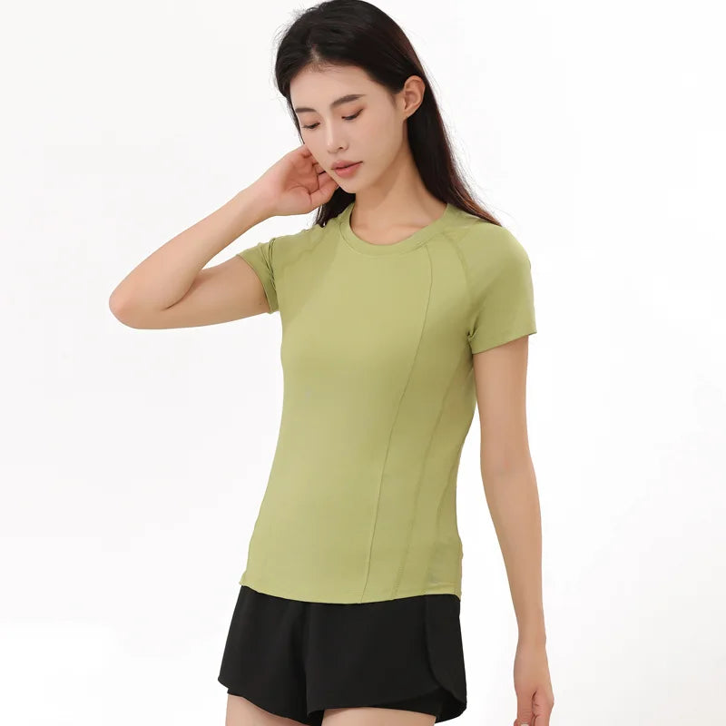 American Minimalist Style Non-marking Yoga Sports Tops Women Round Neck Slim Sports Fitness Mesh Quick Dry Fitness Clothing