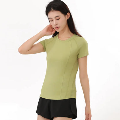 American Minimalist Style Non-marking Yoga Sports Tops Women Round Neck Slim Sports Fitness Mesh Quick Dry Fitness Clothing