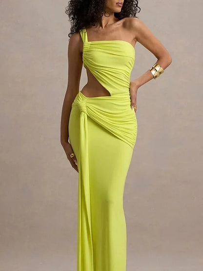 Leosoxs Backless Hollow Dress Women One Shoulder Irregular Pleated Solid Tassel Patchwork Midnight Clubwear Party Vestidos
