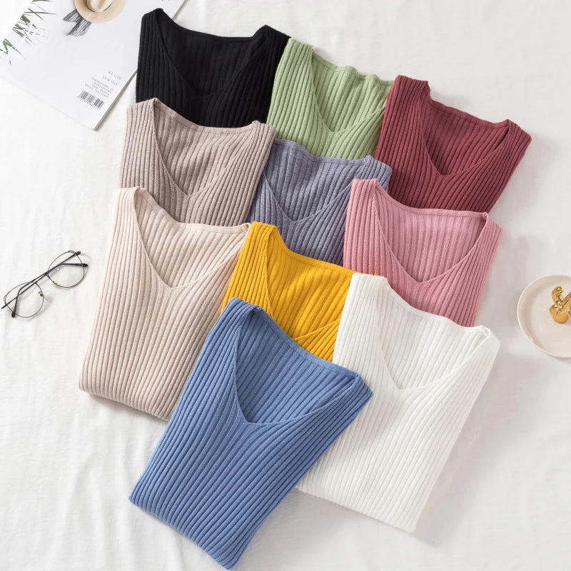 Herfst Winter Women Sweaters Casual gebreide lange mouw gebreide V Neck Lover Sweater Femme Fundamentele massieve jersey Tops Mode kleding