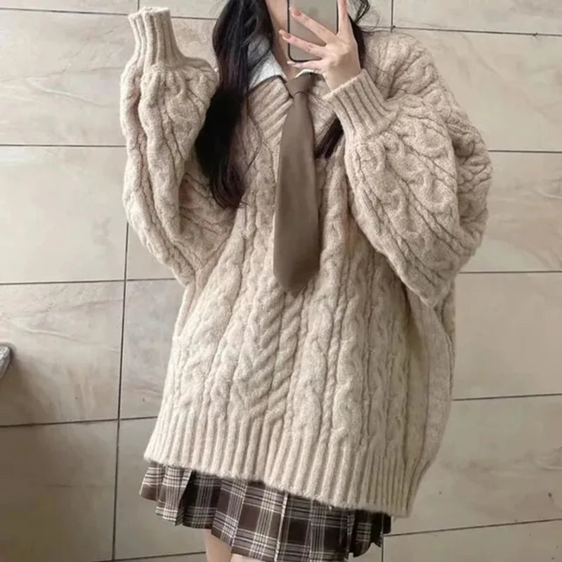 Haust vetrar konur peysa harajuku stór prjónað pullovers kóreska langerma v háls prjóna preppy solid laus stökkvari