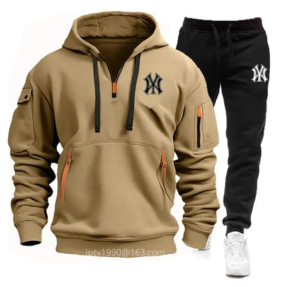 Spring et automne 2025 Sweat à capuche à fermeture éclair multi-poche pour hommes, ensemble de pantalons de survêtement en 2 pièces, vêtements de sport de fitness décontractés