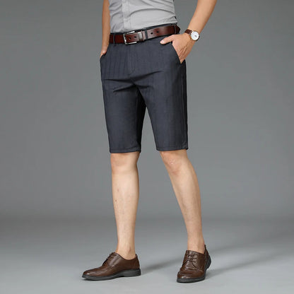 Summer Thin Men's Suit Shorts, Fashionable Vertical Striped Business Knee-length Pants, Loose Casual Dark Gray Mid-pants