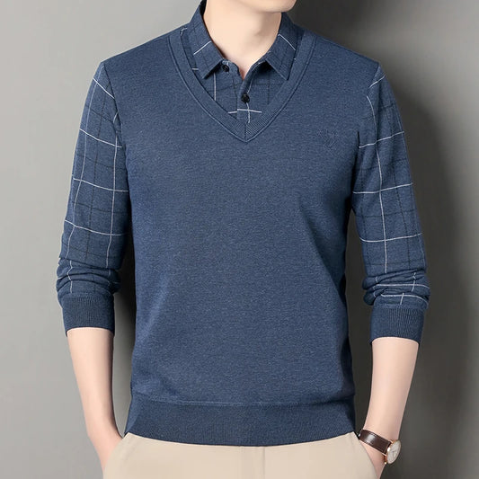 Male Fleece Knitted Sweater Men's Pullover Autumn Winter T-shirt Collar Sweaters Beige Navy Blue Korean Top Clothing