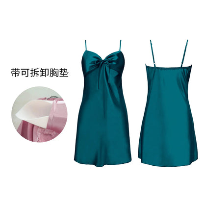 Ice Silk Pajamas Women's Summer Backless Halter Neck Short Pajamas with Bra Women's Home Clothes Pink Loose Elegant Dress