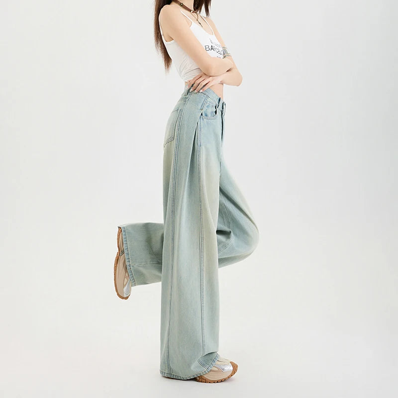 Summer Lyocell Thin Woman Jeans High Waist Wide Leg Denim Clothing Design Sense Comfort Straight Pant Retro Blue Casual Trousers