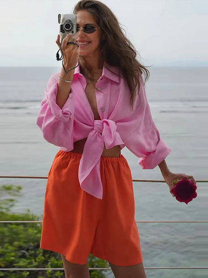 Fashion Loose Women's Shirts Long Sleeve Lapel Oversize Female Blouses 2025 Spring Summer Elegant Pink Cotton Linen Lady Shirts