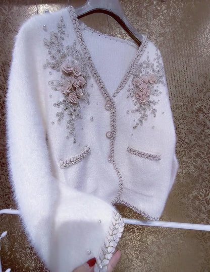 Diamantes com contas de flores de luxo Cardigã de malhas de peles Faux para mulheres com-deco
