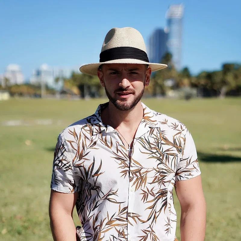 Unisex Panama Straw Hat - leveä reuna -kesärannan aurinkokorkki, säädettävä mitoitus 55-60 cm miehille ja naisille, iso kokoinen fedora