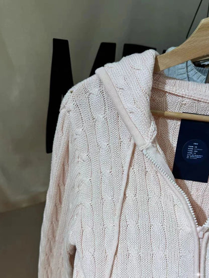 Cardigans de malha rosa de flor torcido Mulheres Autumn Capuzes Capuz Zipper suéter sólido Súlito doce solto casacos y2k