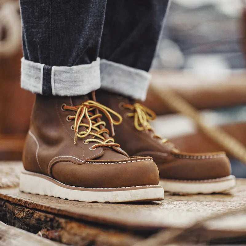 Maden Vintage 875 Knöchelstiefel echte verrückte Pferdederleder runden Zeh Langlebige Schnürstiefel für Winter Herbst Arbeit Schuhe