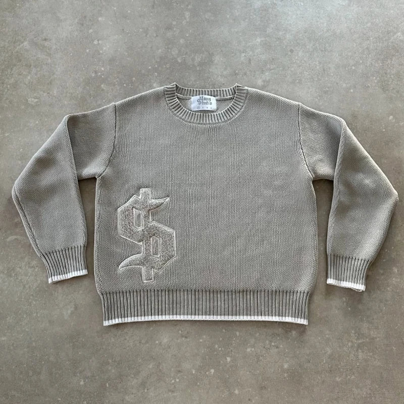 Y2k harmaa pitkähihainen villapaita dollarin goottilainen kirjonta pullover goth retro rento katuvaatteet vanhat rahat miehet boxy neulottu vaatteet
