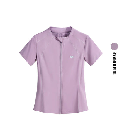 Drur Gym T Shirt sportkläder Kvinnor Kort ärm Snabbt torrt andningsbara dragkedja Sports Top Fitness Shirts Jogger Tops för Activewear