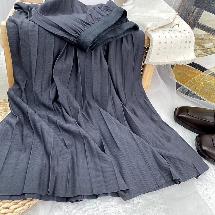 2024 Women Elegant Pleated Skirt High Waist Women Mid-long Skirt Female Ladies High Quality Women Midi Skirt Black Saia
