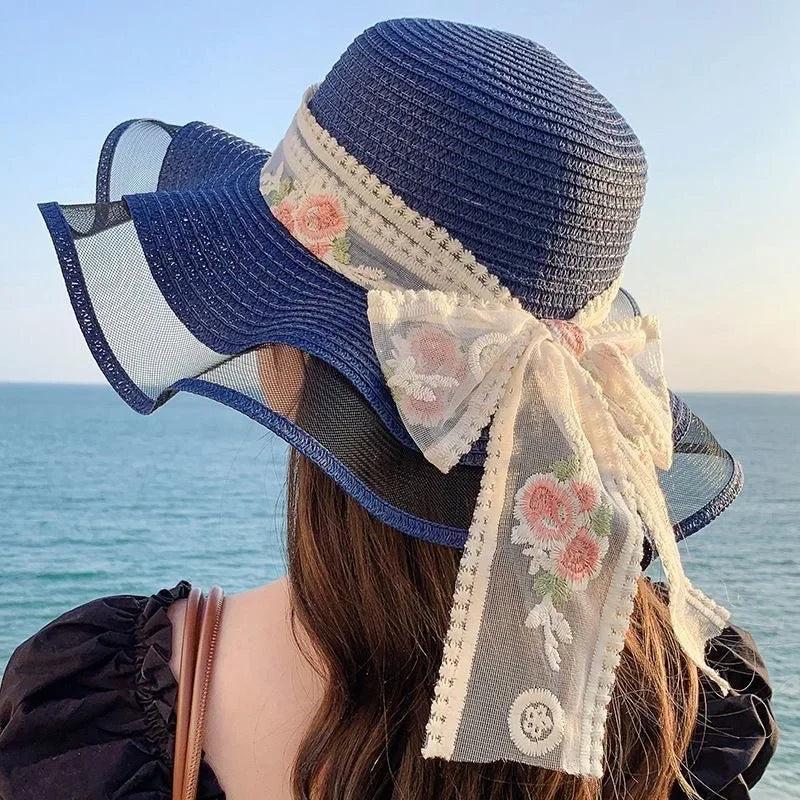 Women Elegant Wide Brim Straw Hat Summer Beach UV Protection Plus Adjustable Sun Hat With Lace Bow Foldable Outdoor Vacation