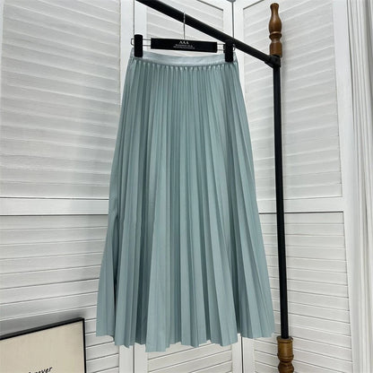 2024 Women Elegant Pleated Skirt High Waist Women Mid-long Skirt Female Ladies High Quality Women Midi Skirt Black Saia