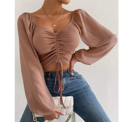 2024 Spring Summer New Sexy V-neck Chiffon Drawstring Lantern Sleeve Tight Fashion Sexy Short Style Waist Long Sleeve Shirt Top