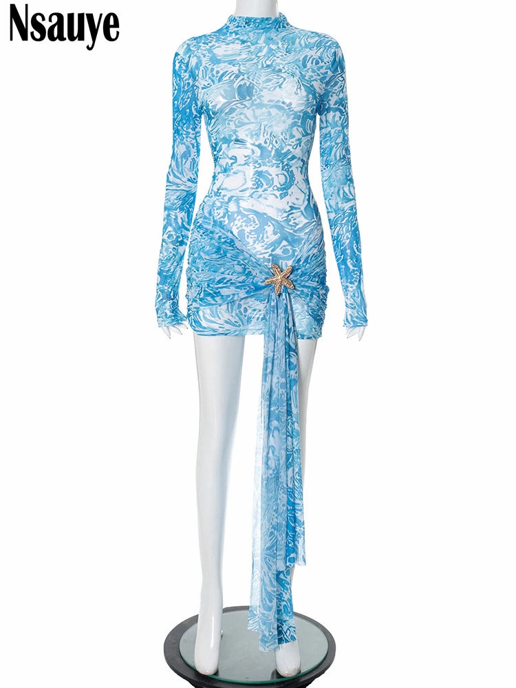 Nsauye Y2K Pullover Summer Women Party Clubwear Sexy Evening Night Club Mesh Dress See Through Long Sleeve Elegant Dress 2025