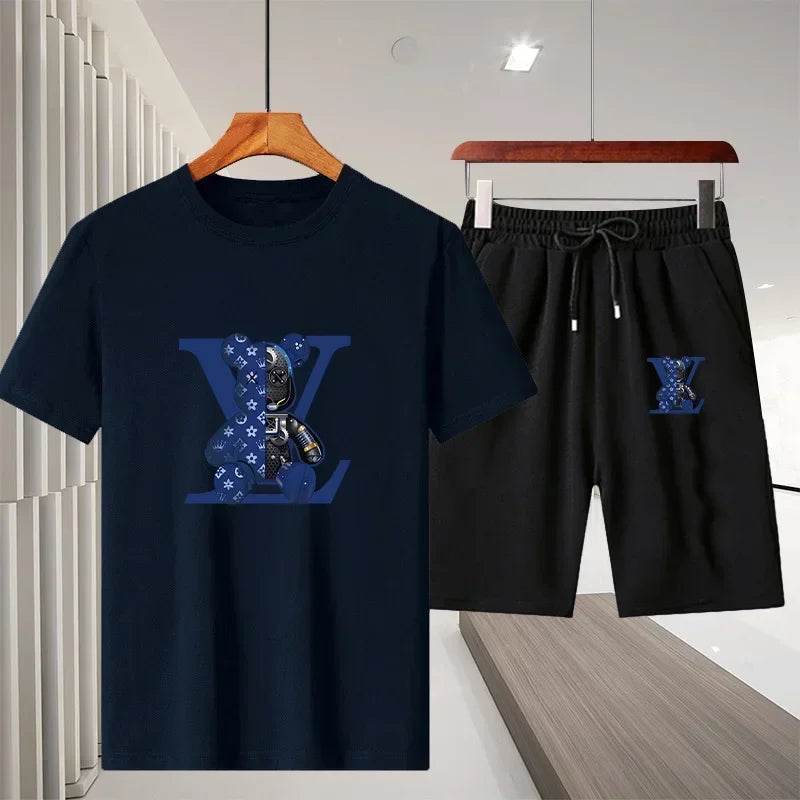 Ny 2025 Summer Leisure Men's Sports Suit Outdoor vandring Jogging Men's Short Sleeve Breattable T-shirt + Shorts Two-Piece Set